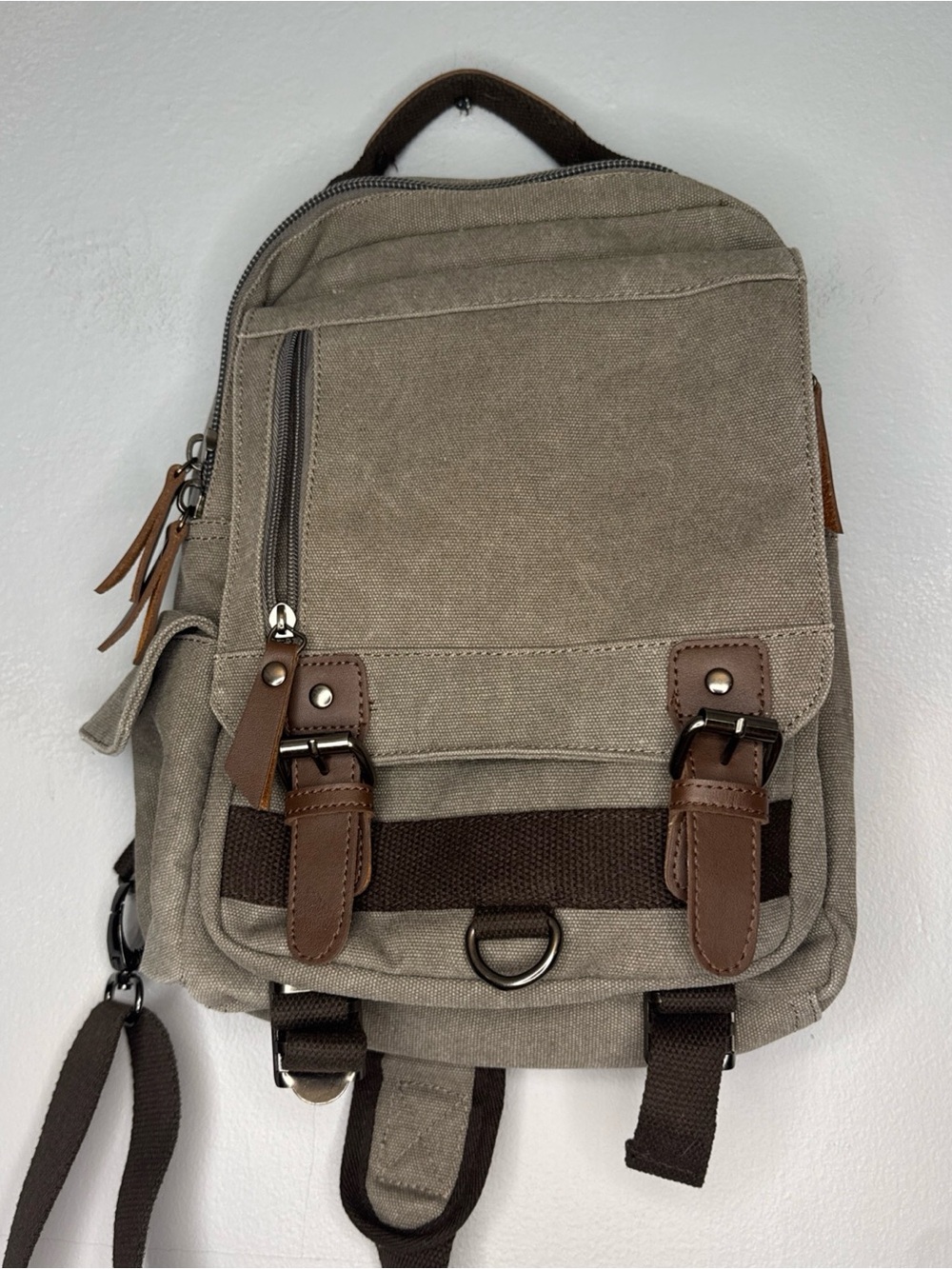 Sling Backpack Brown Canvas with Adjustable Straps